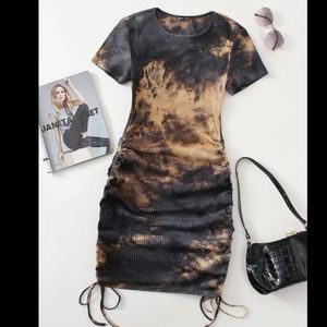 Drawstring Ruched Side Rib-knit Tie Dye Dress